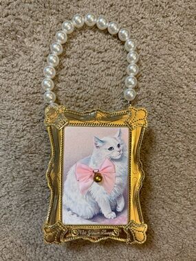 Sugar Thrillz Gold Frame Mini Bag with White Cat and Pink Bow